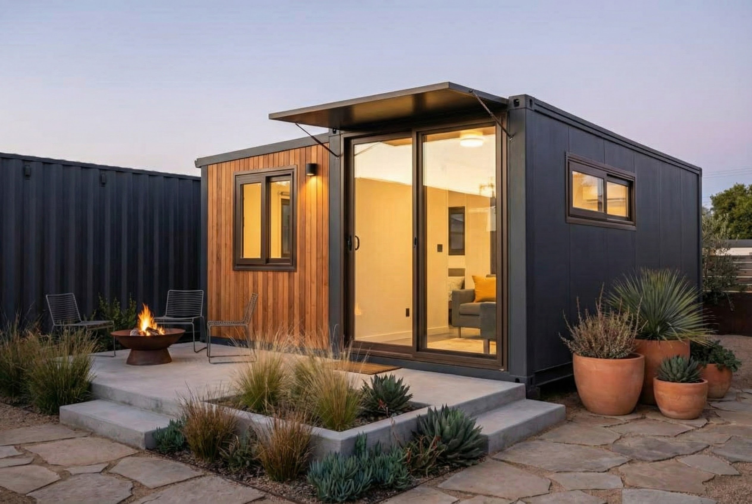 Modern container home exterior at dusk